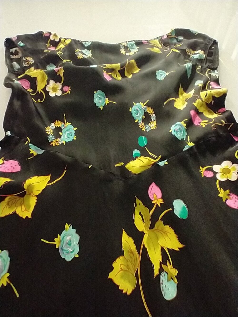 VTG 90s Betsey Johnson Black Silk Cherry Strawberry Floral Fruit Slip Midi Dress - Picture 11 of 16